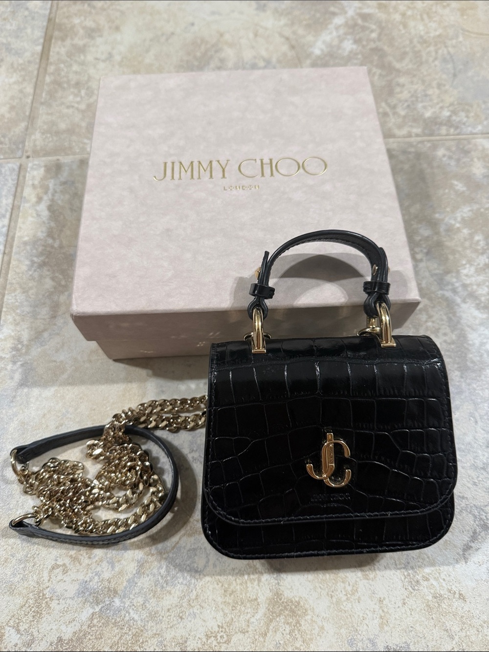 Jimmy Choo Black Croc-Embossed Mini Top-Handle Bag with Gold Hardware